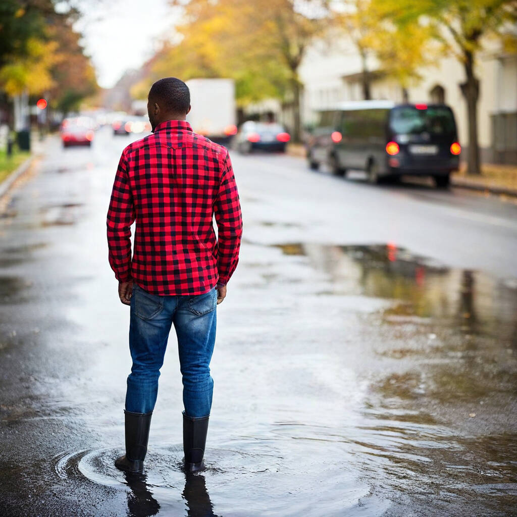 Man in water on street needing flood insurance in Pasadena, TX